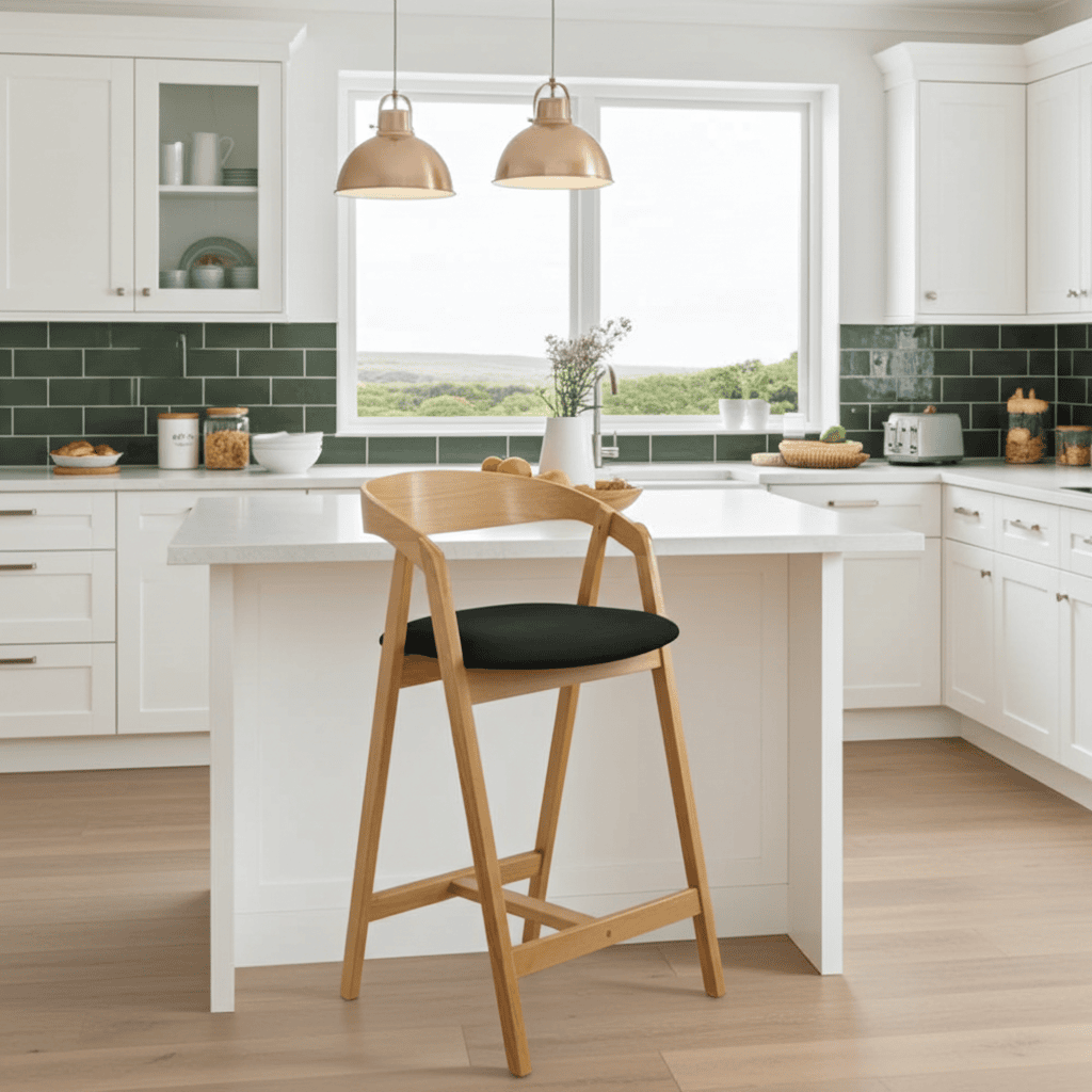 Nordic Oak Bar Stool with Backrest – Upholstered Chenille Seat
