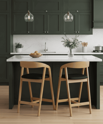 Nordic Oak Bar Stool with Backrest – Upholstered Chenille Seat