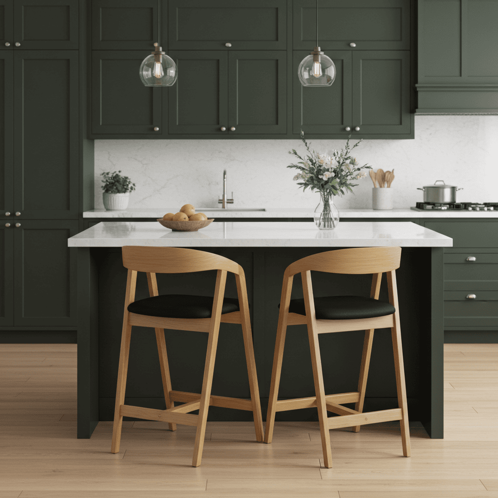 Nordic Oak Bar Stool with Backrest – Upholstered Chenille Seat