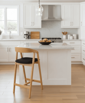 Nordic Oak Bar Stool with Backrest – Upholstered Chenille Seat