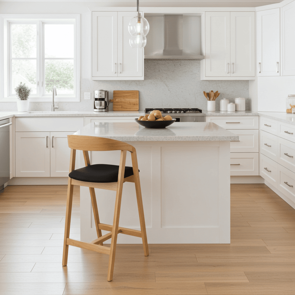 Nordic Oak Bar Stool with Backrest – Upholstered Chenille Seat