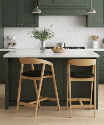Nordic Oak Bar Stool with Backrest – Upholstered Chenille Seat