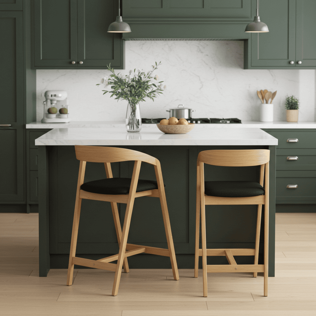 Nordic Oak Bar Stool with Backrest – Upholstered Chenille Seat