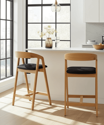 Nordic Oak Bar Stool with Backrest – Upholstered Chenille Seat