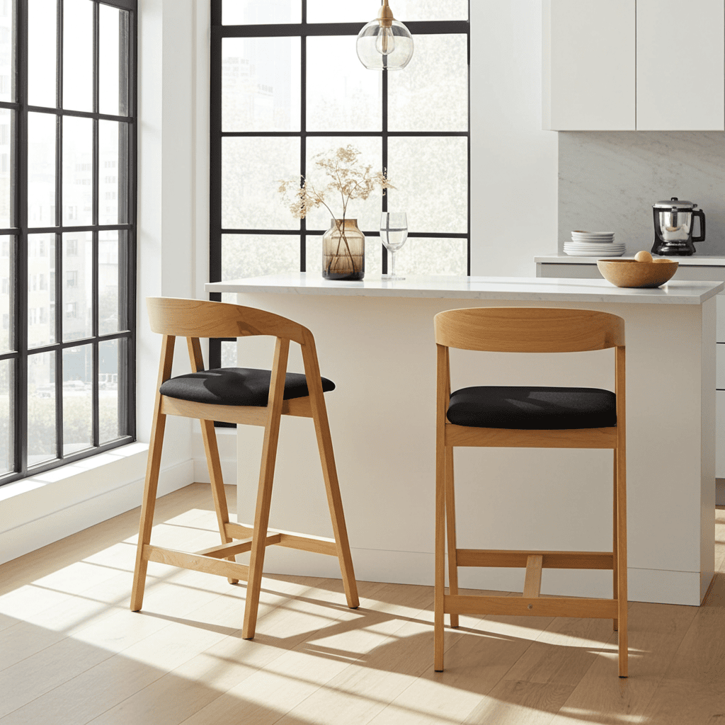 Nordic Oak Bar Stool with Backrest – Upholstered Chenille Seat