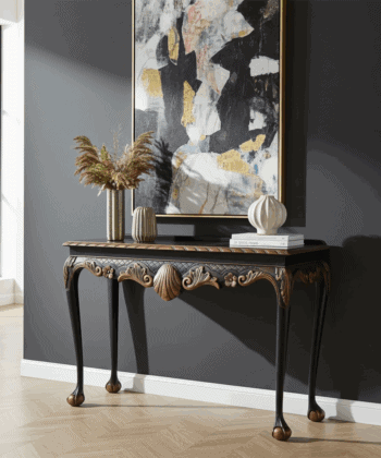 Regal Copper Shell Console Table – Hand-Restored Black & Copper Hallway Table 106x45x77 cm