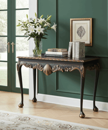 Regal Copper Shell Console Table – Hand-Restored Black & Copper Hallway Table 106x45x77 cm