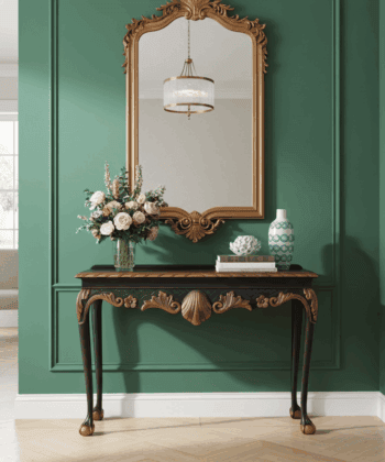 Regal Copper Shell Console Table – Hand-Restored Black & Copper Hallway Table 106x45x77 cm