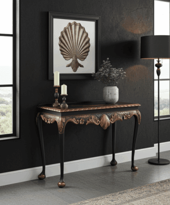 Regal Copper Shell Console Table – Hand-Restored Black & Copper Hallway Table 106x45x77 cm