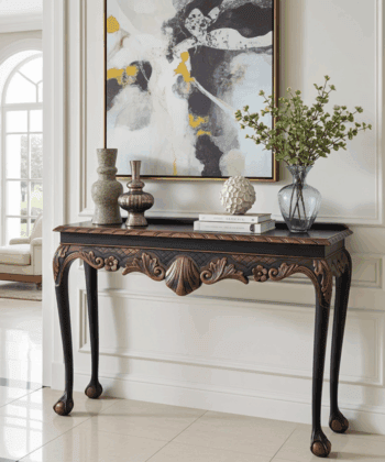 Regal Copper Shell Console Table – Hand-Restored Black & Copper Hallway Table 106x45x77 cm