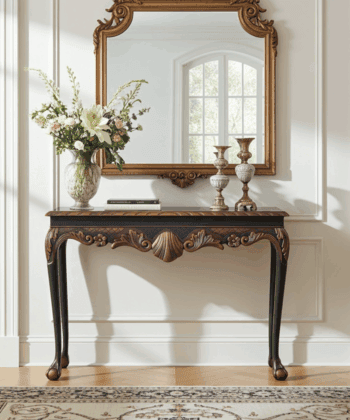 Regal Copper Shell Console Table – Hand-Restored Black & Copper Hallway Table 106x45x77 cm