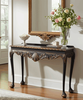 Regal Copper Shell Console Table – Hand-Restored Black & Copper Hallway Table 106x45x77 cm