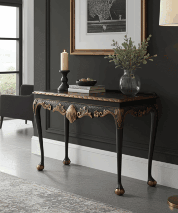Regal Copper Shell Console Table – Hand-Restored Black & Copper Hallway Table 106x45x77 cm
