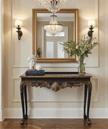 Regal Copper Shell Console Table – Hand-Restored Black & Copper Hallway Table 106x45x77 cm