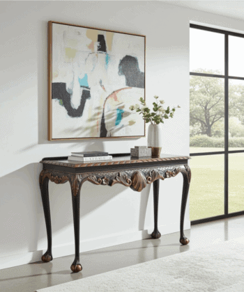 Regal Copper Shell Console Table – Hand-Restored Black & Copper Hallway Table 106x45x77 cm