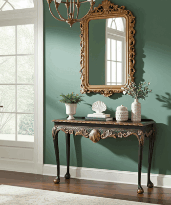Regal Copper Shell Console Table – Hand-Restored Black & Copper Hallway Table 106x45x77 cm