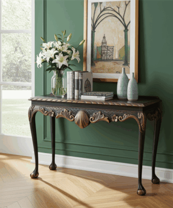 Regal Copper Shell Console Table – Hand-Restored Black & Copper Hallway Table 106x45x77 cm
