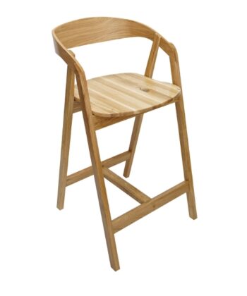 Nordic Oak Embrace Bar Stool with curved backrest and armrests, solid oak construction, natural oak finish, designed for kitchen islands and cafés.