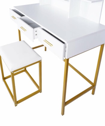 White and Gold Vanity Table with LED Mirror and Stool for Modern Bedrooms