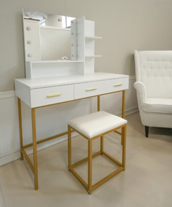 White and Gold Vanity Table with LED Mirror and Stool for Modern Bedrooms