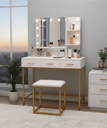 White and Gold Vanity Table with LED Mirror and Stool for Modern Bedrooms