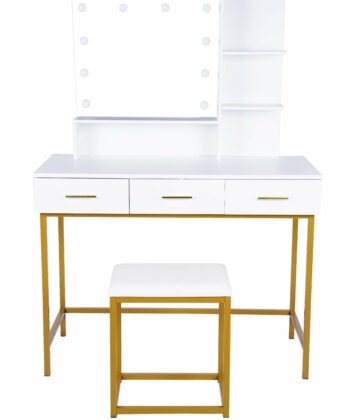White and Gold Vanity Table with LED Mirror and Stool for Modern Bedrooms