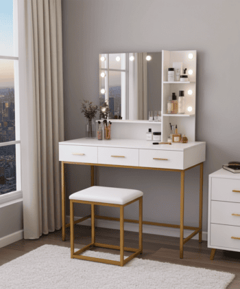 White and Gold Vanity Table with LED Mirror and Stool for Modern Bedrooms