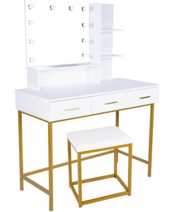 White and Gold Vanity Table with LED Mirror and Stool for Modern Bedrooms