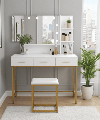 White and Gold Vanity Table with LED Mirror and Stool for Modern Bedrooms