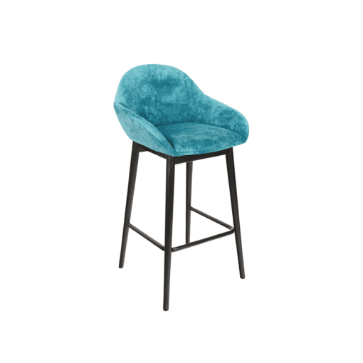 Azure Haven Armrest Stool featuring a blue chenille bucket seat and black beech frame, designed for kitchens and dining areas.