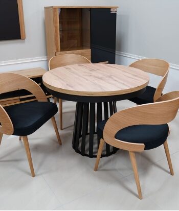 Wotan Forge Round Extendable Table &ndash; Loft Oak 36mm Black Steel Base Dining &Oslash;90cm +50cm = &Oslash;140cm