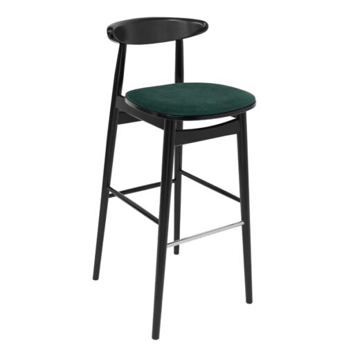 Nordic Ember Bar Stool with black beech wood frame and green chenille seat, featuring a curved backrest and no armrests, designed for kitchen counters and home bars.