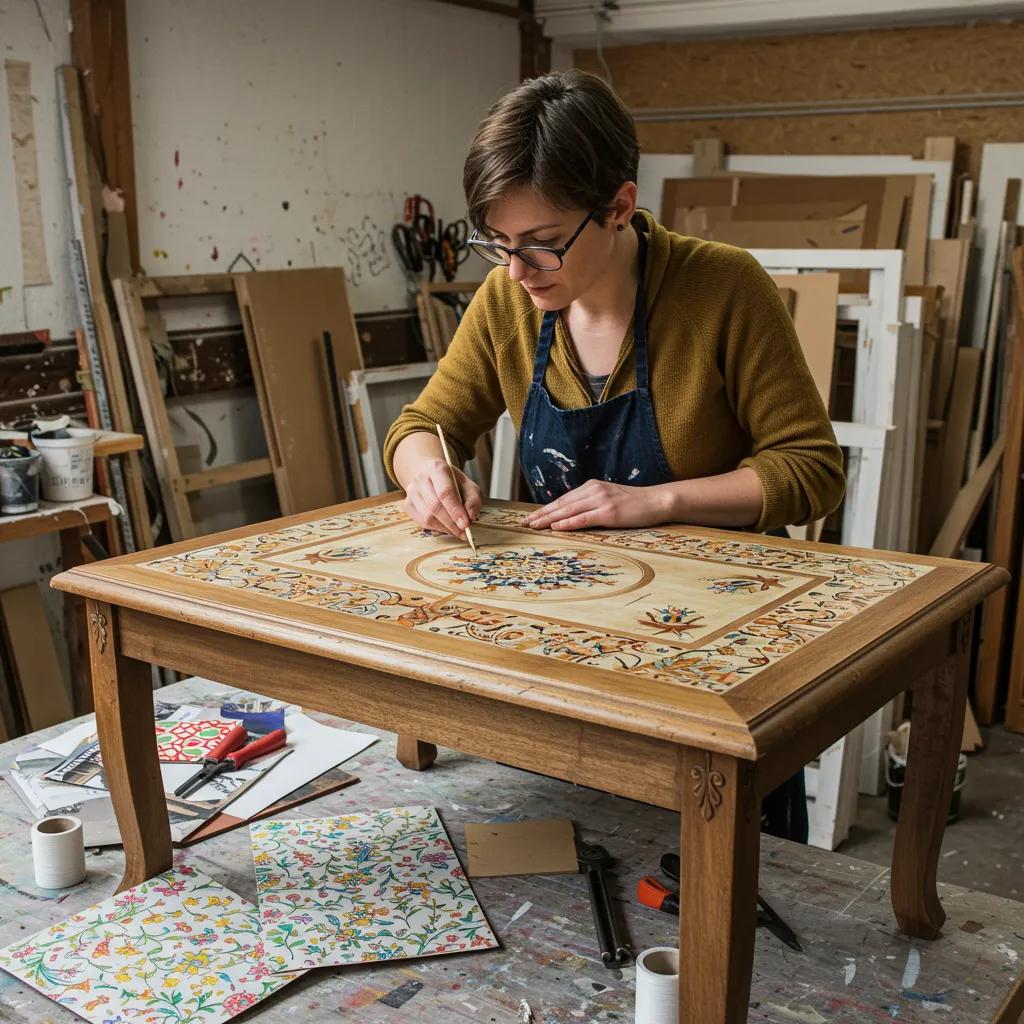 Artisan applying decoupage to a vintage table in a creative workshop