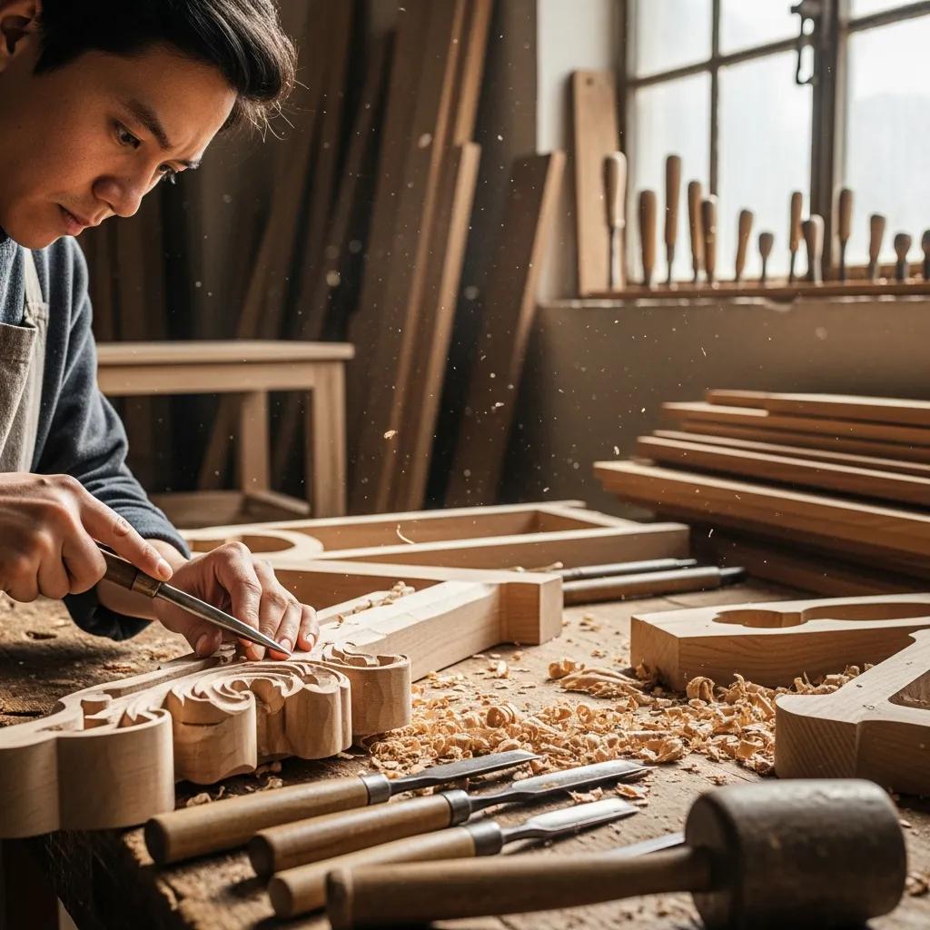 An artisan carving a piece of Irish handcrafted furniture in a workshop