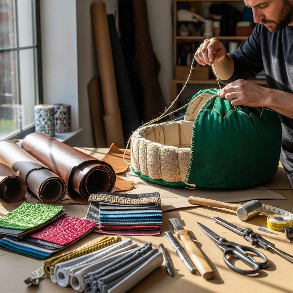 Artisan crafting of a handcrafted pouffe with quality materials, showcasing tools and colorful fabrics on a worktable in a workshop setting.