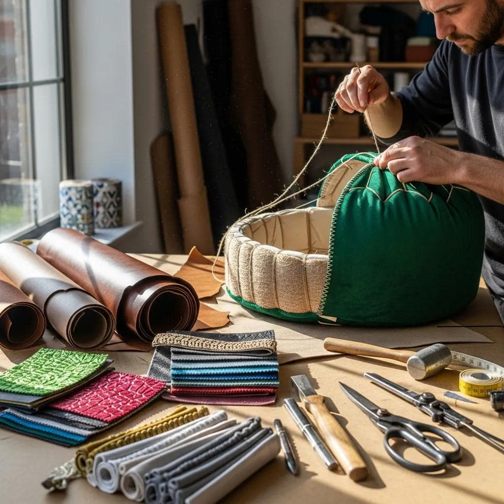 Artisan crafting a handcrafted pouffe, showcasing quality materials and craftsmanship techniques