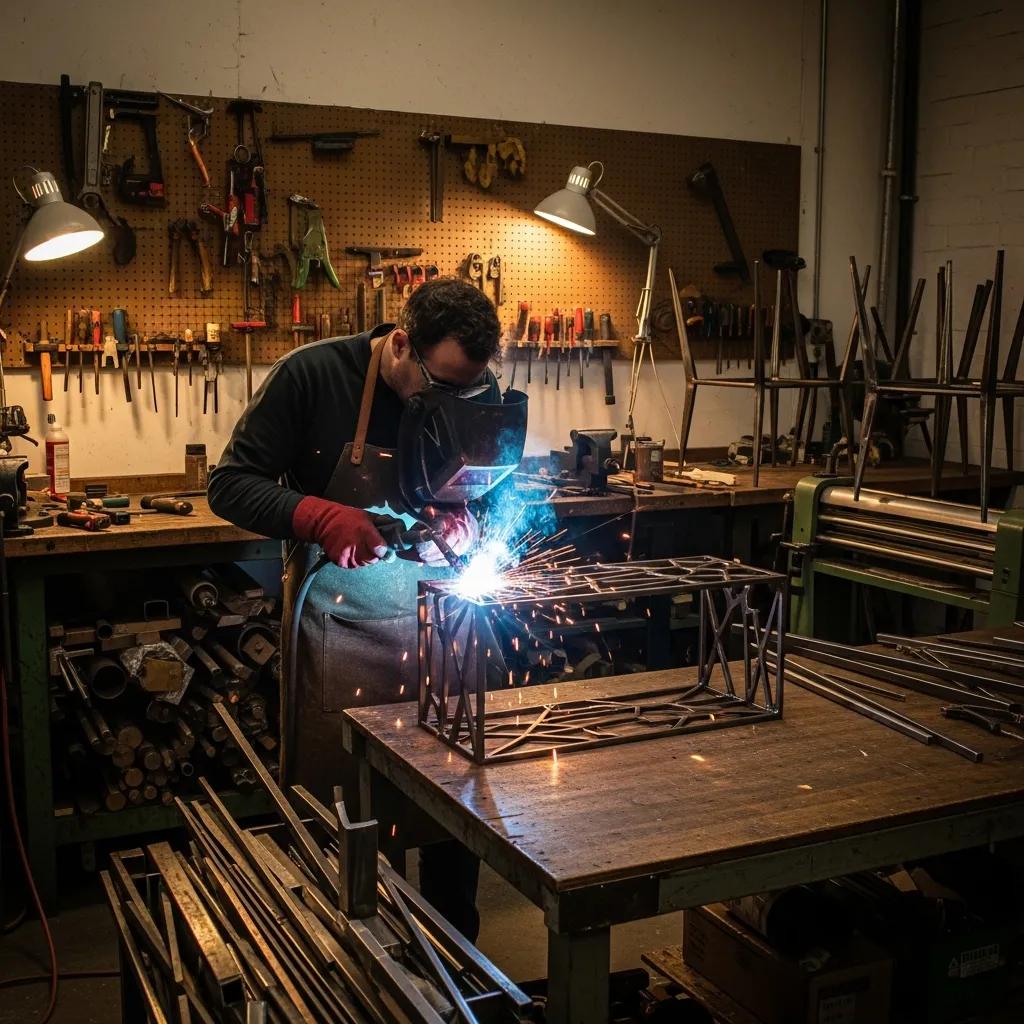 Artisan craftsman welding a handcrafted metal bench in a workshop, highlighting quality craftsmanship