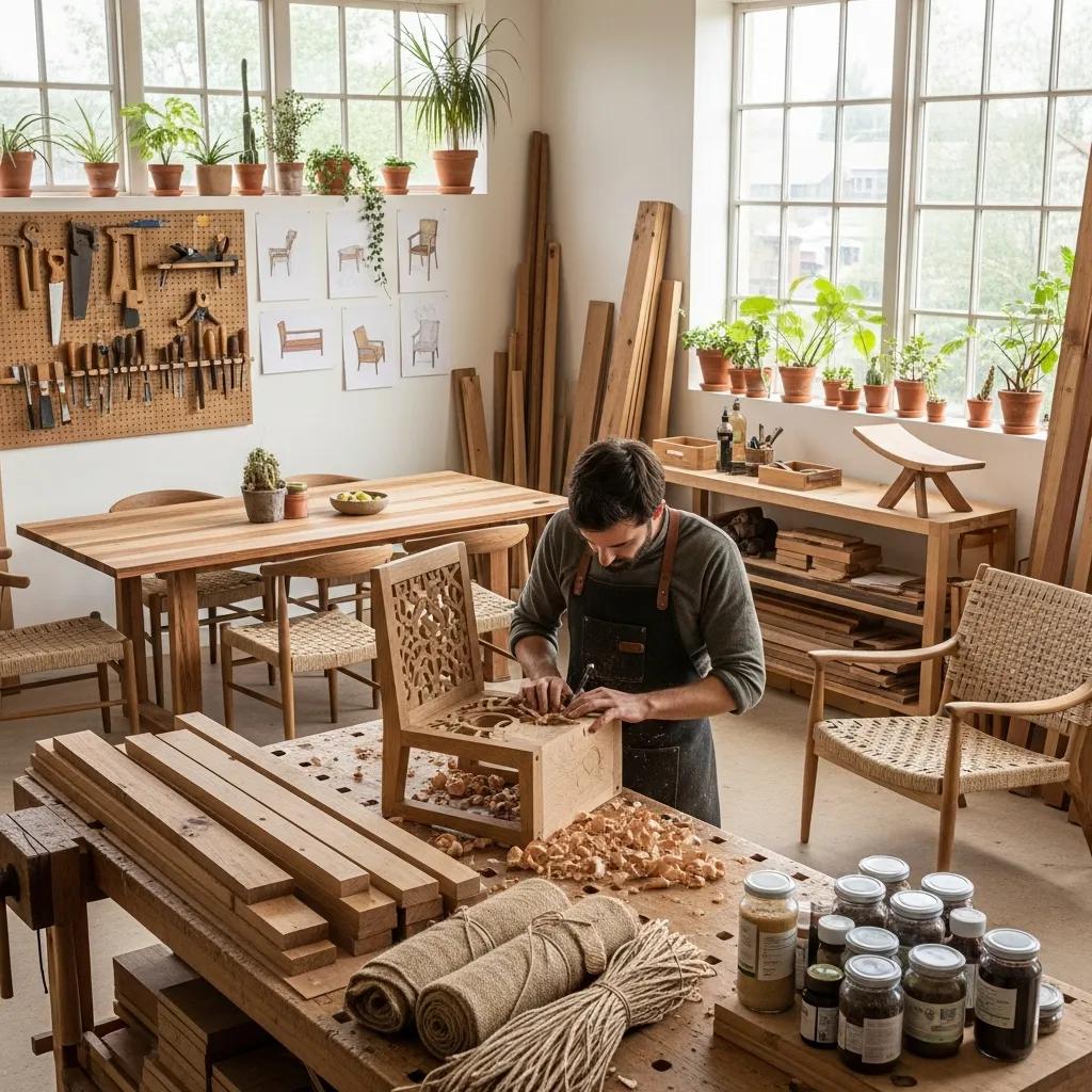 Craftsman in a workshop shaping sustainable furniture using reclaimed and responsibly sourced materials