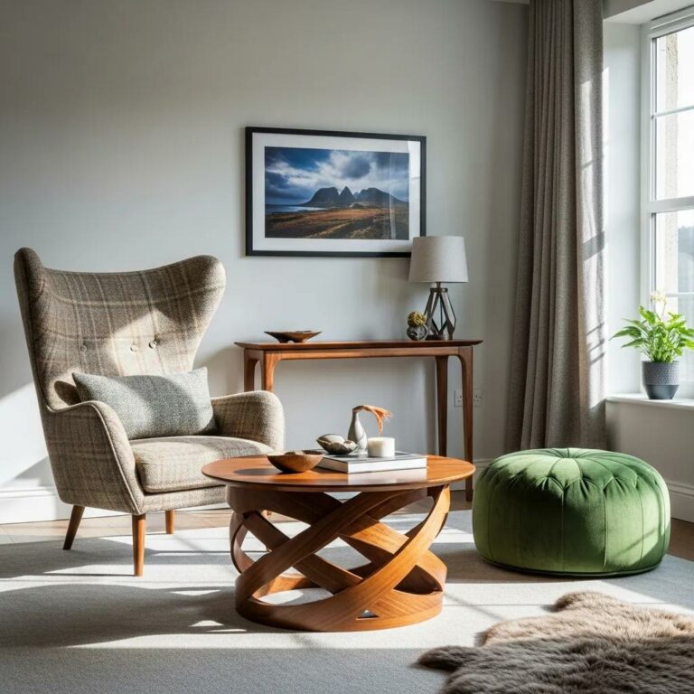 Artistic furniture design in a contemporary Irish living room featuring a sculptural coffee table and velvet pouffe