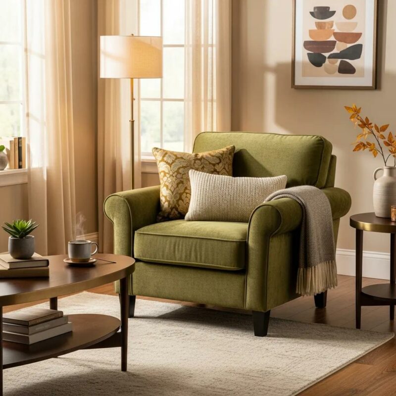 Bespoke armchair in a cozy living room setting, emphasizing luxury and comfort