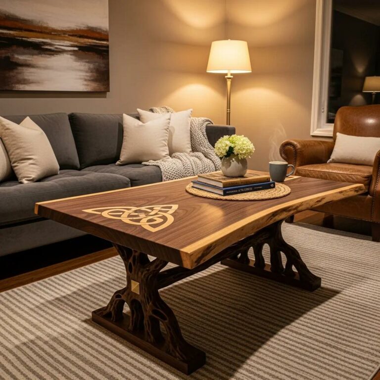 Bespoke coffee table in a cozy living room, showcasing craftsmanship and unique design