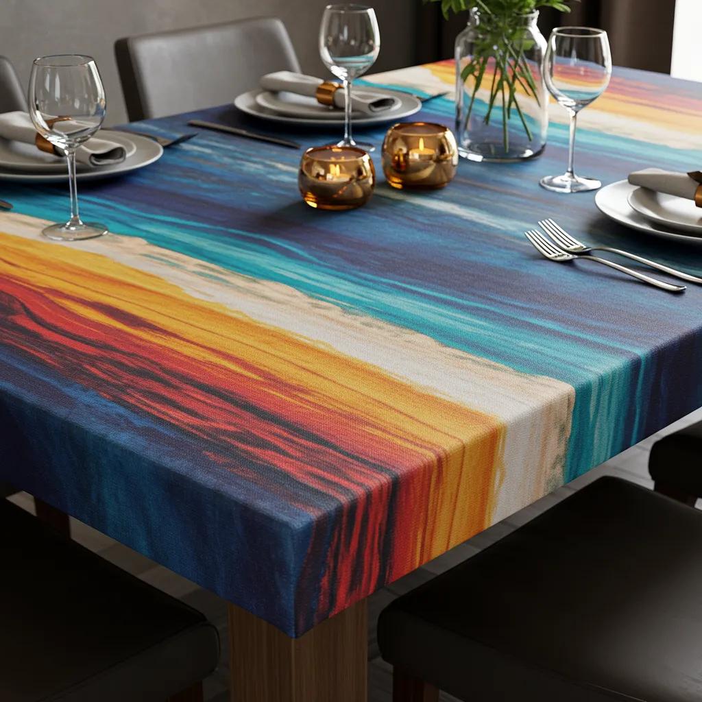 Close-up of a custom artwork on a canvas tabletop in a stylish dining setting