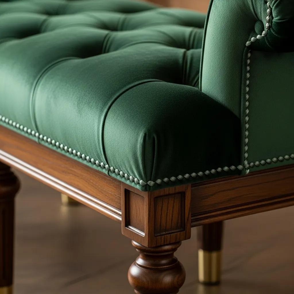 Close-up of a handcrafted velvet bench from Ireland, emphasizing quality craftsmanship and luxurious materials