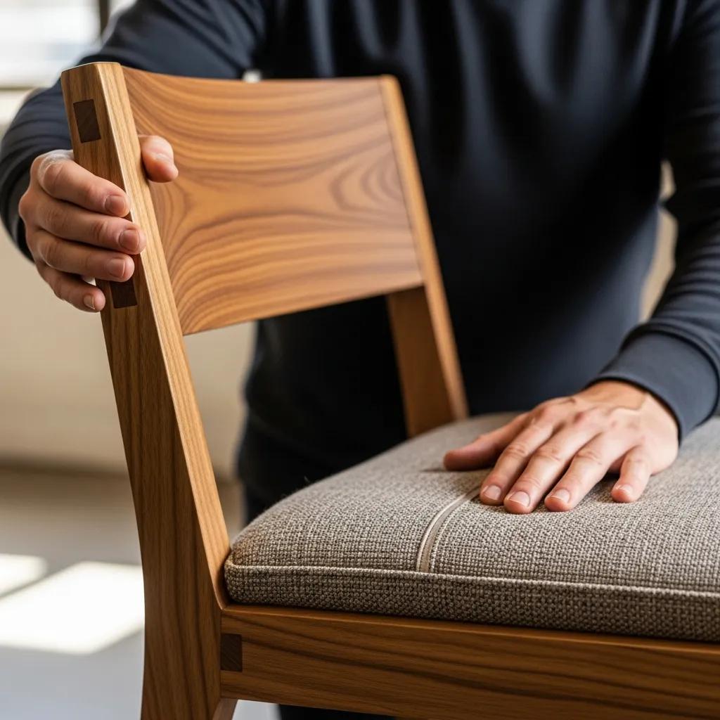 Close-up of a person inspecting the quality of a dining chair, focusing on materials and craftsmanship