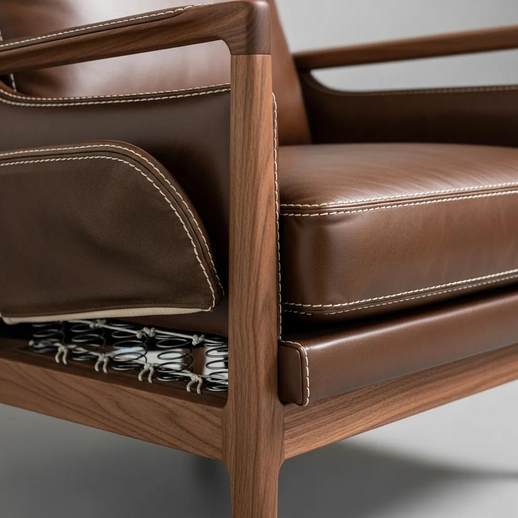 Close-up of a premium armchair highlighting high-quality materials and craftsmanship details like leather upholstery and solid timber frame