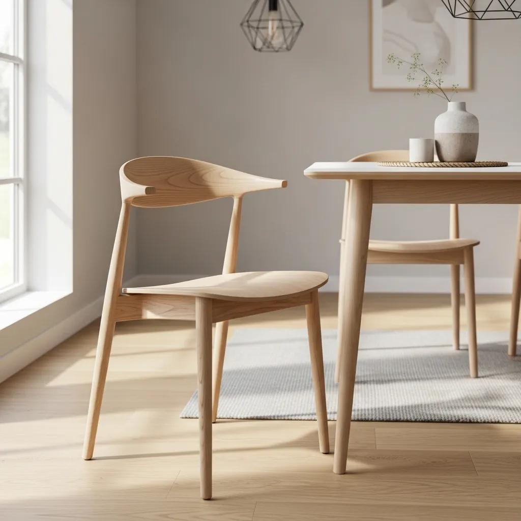 Close-up of a Scandinavian dining chair in a minimalist dining space, showcasing its clean lines and ergonomic design