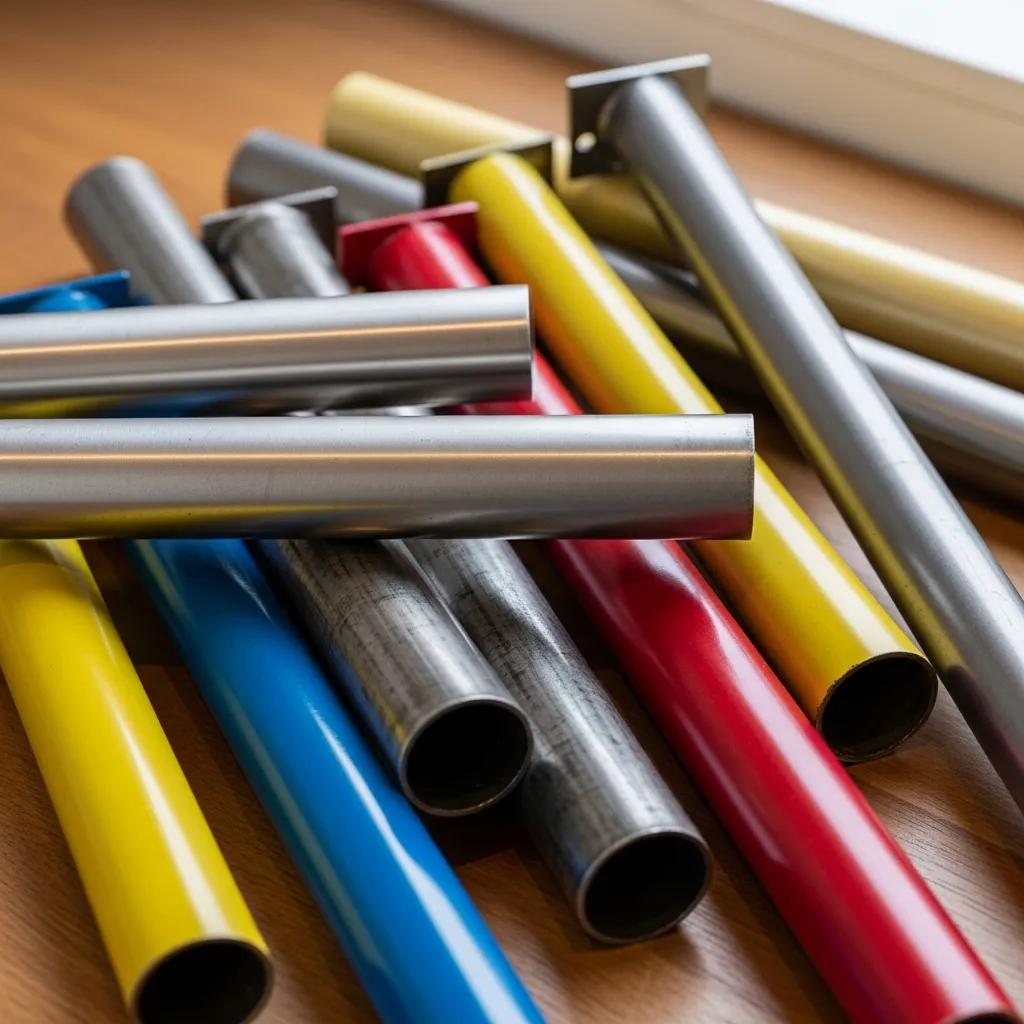 Close-up of different metal table legs showcasing steel, stainless steel, and powder-coated finishes