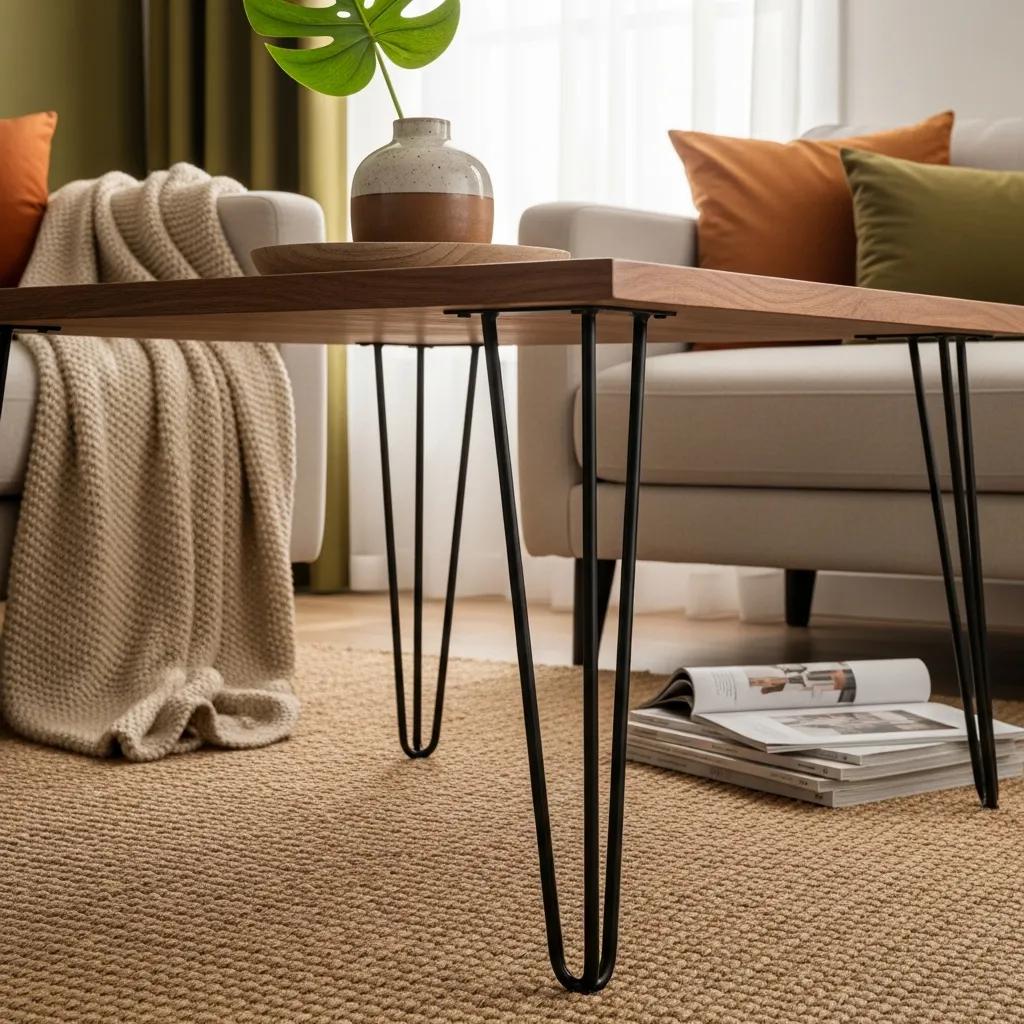 Close-up of hairpin table legs supporting a mid-century modern coffee table in a cozy living room