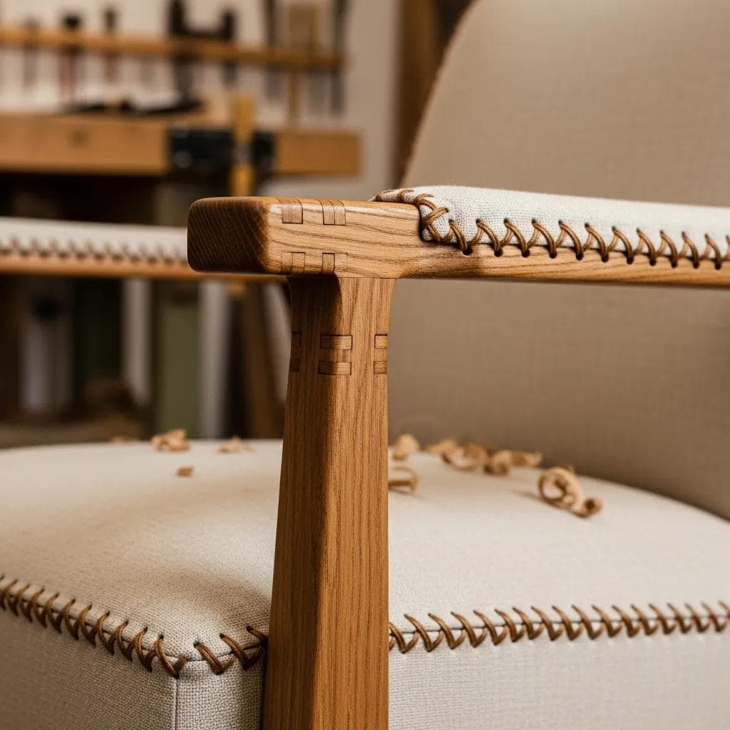 Close-up of handcrafted furniture highlighting visible joinery and hand-stitched upholstery