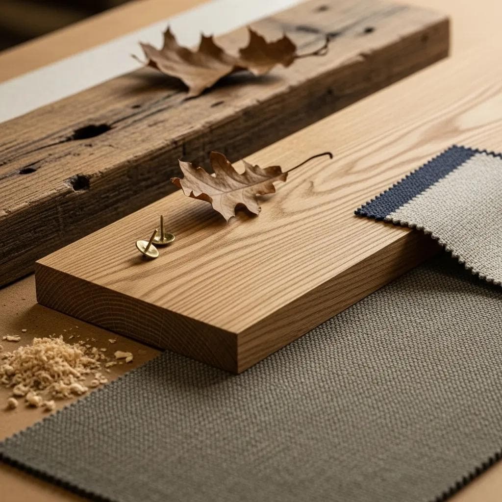 Close-up of sustainable materials for bespoke furniture including solid oak and reclaimed timber showcasing their textures